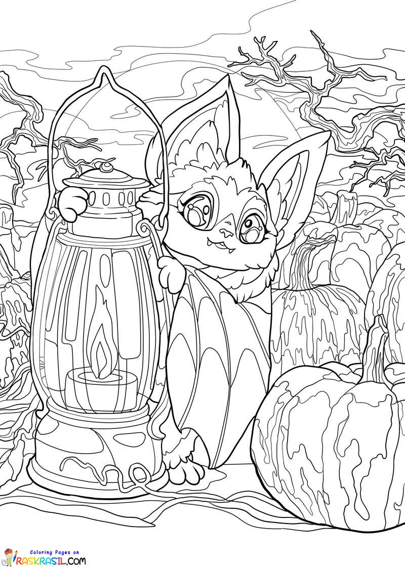 Raskrasil.com-Halloween-Coloring-Pages-for-Adults-Bat-with-Pumpkins