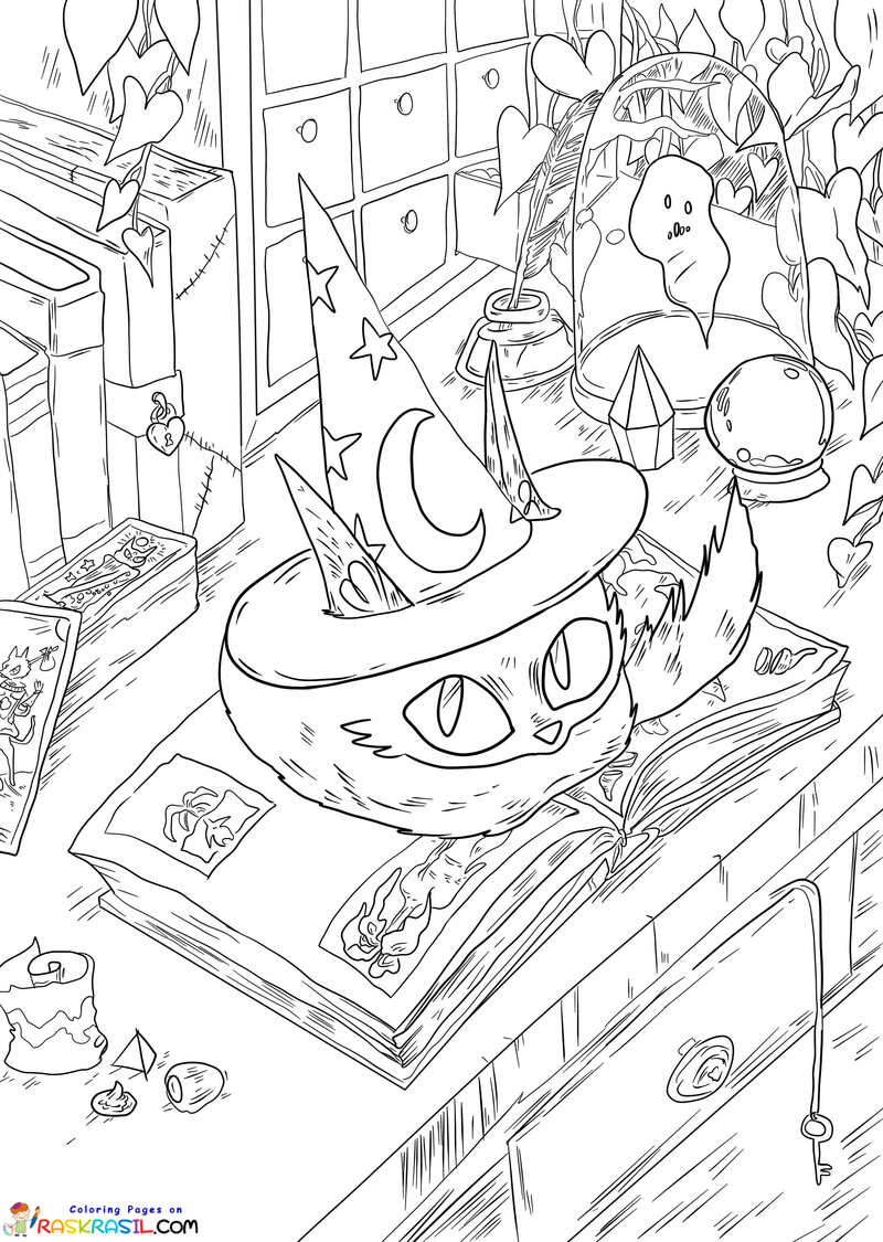 Raskrasil.com-Halloween-Coloring-Pages-for-Adults-Cat-on-a-Magic-Book