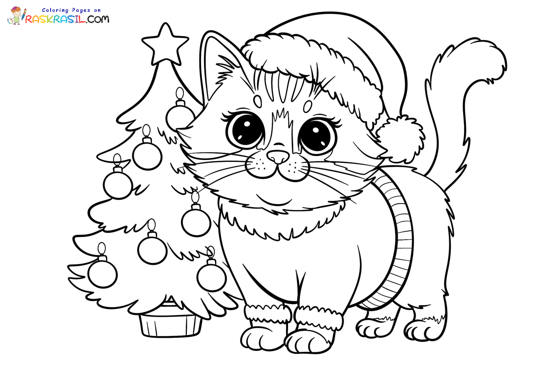 Raskrasil.com-Christmas-Cat-Coloring-Pages-A-Cute-Cat-with-a-Christmas-Tree
