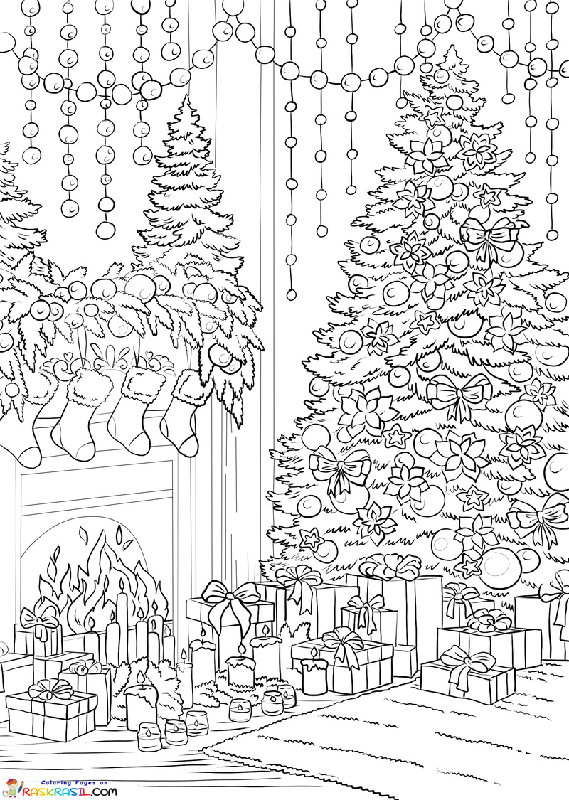 Raskrasil.com-Christmas-for-Adults-Coloring-Pages-A-Christmas-Tree-with-Gifts-near-the-Fireplace