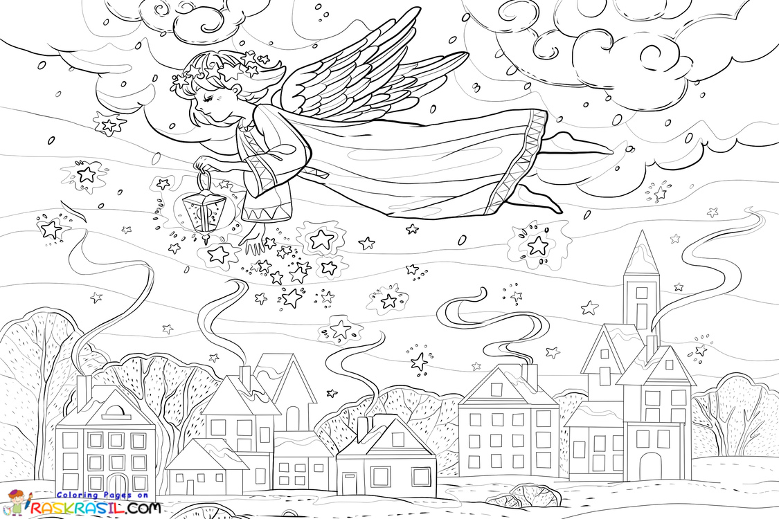 Raskrasil.com-Christmas-for-Adults-Coloring-Pages-An-Angel-Flying-over-the-City