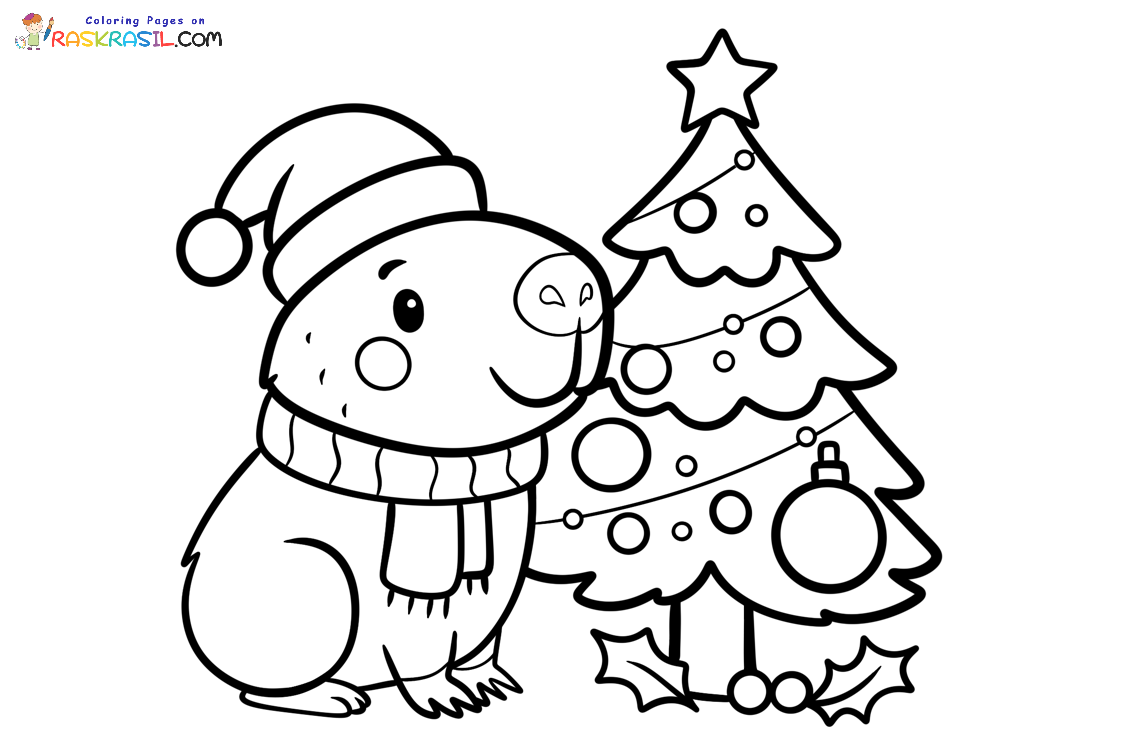 Raskrasil.com-Coloring-Page-of-Capybara-near-the-Christmas-Tree
