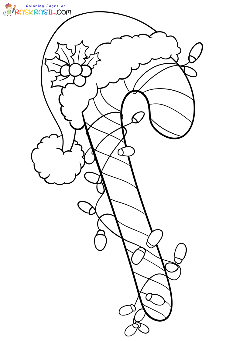 Raskrasil.com-Candy-Cane-Coloring-Page-in-a-Hat-and-Garland