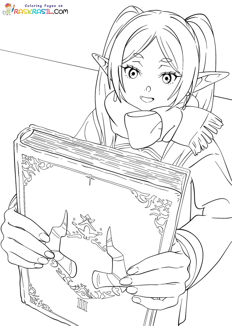 Raskrasil.com-Frieren-Beyond-Journeys-End-Coloring-Pages-Frieren-holding-grimoire