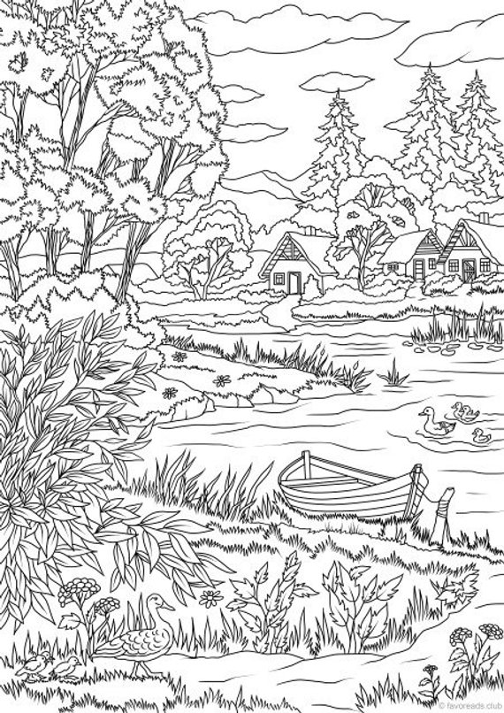 Download Coloring Pages Nature. Landscape, forest, mountains, sea, island
