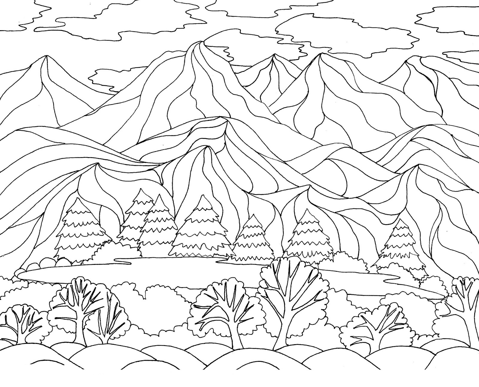 Dibujos para colorear de Naturaleza. Paisaje, bosque, montañas, mar, isla