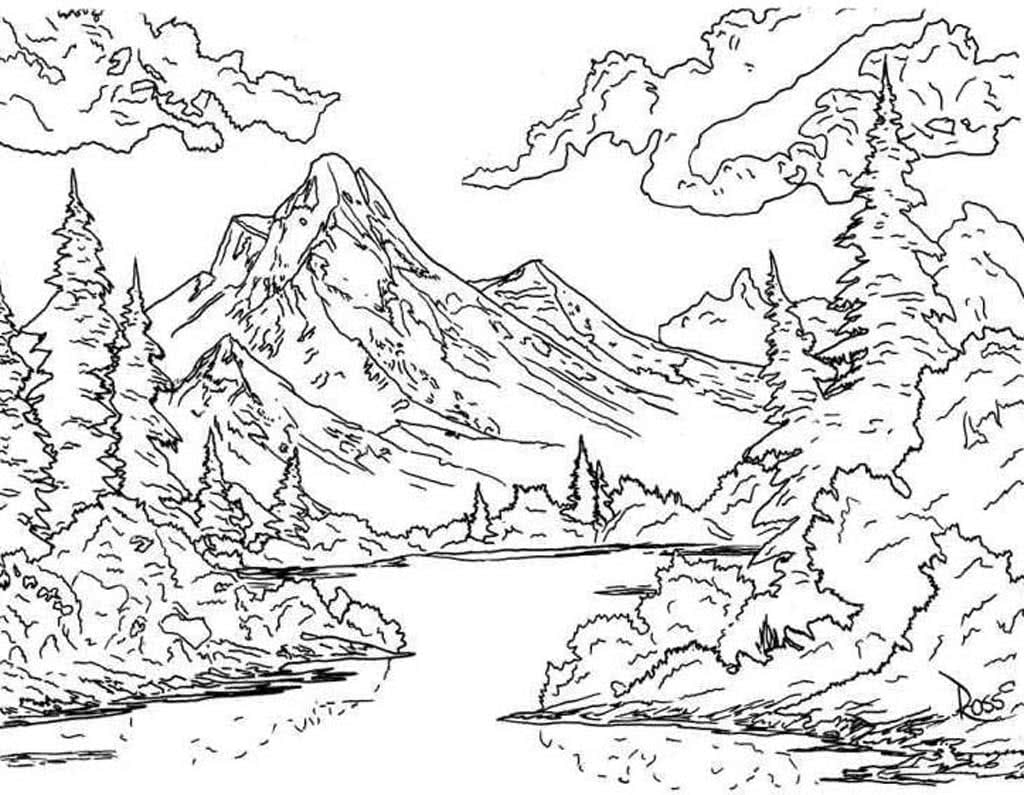 coloring pages nature landscape forest mountains sea