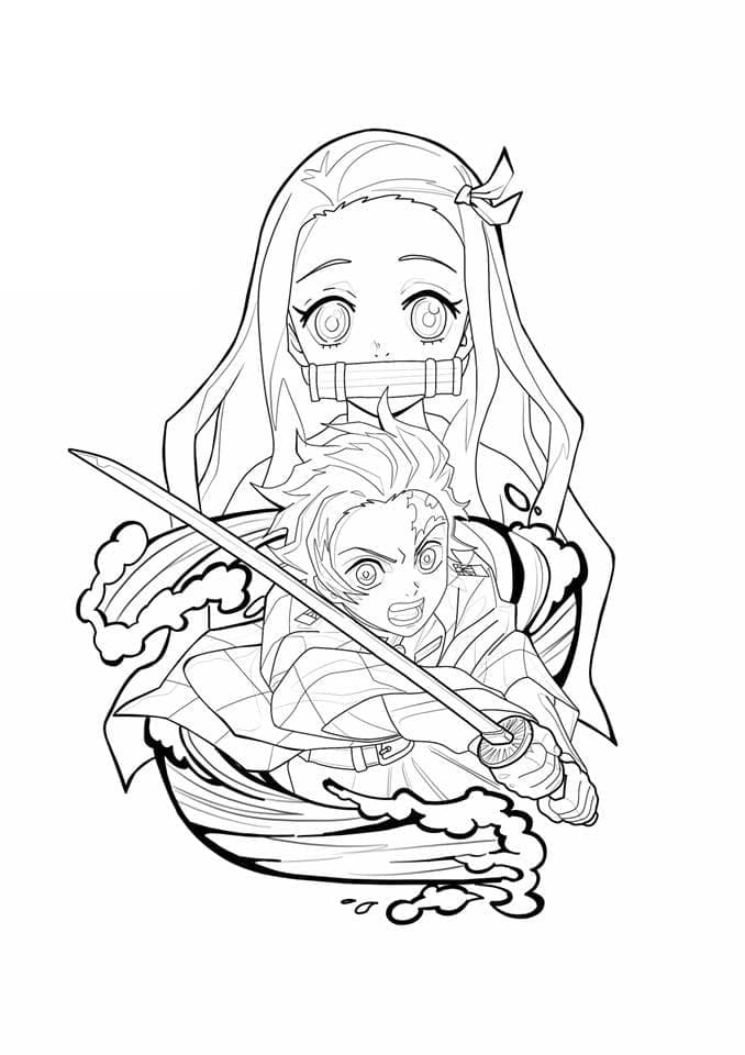 Manga Nezuko and Tanjiro Coloring Page · Creative Fabrica