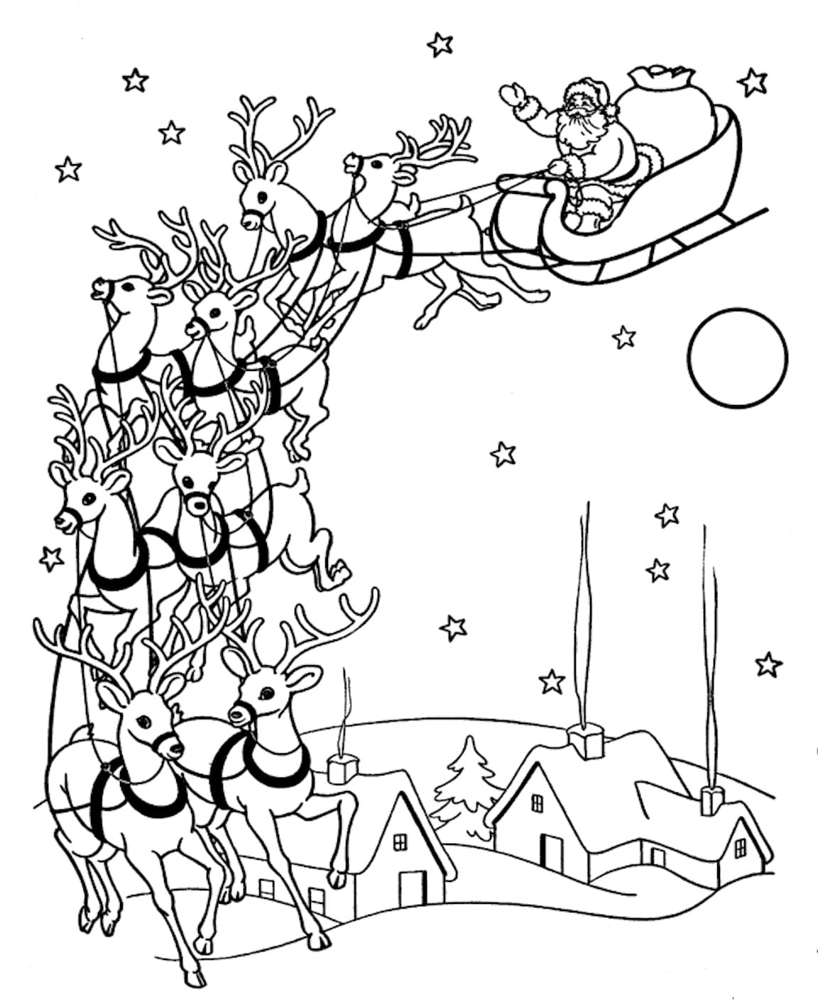 Раскраски Дед Мороз с Оленями - Распечатать бесплатно