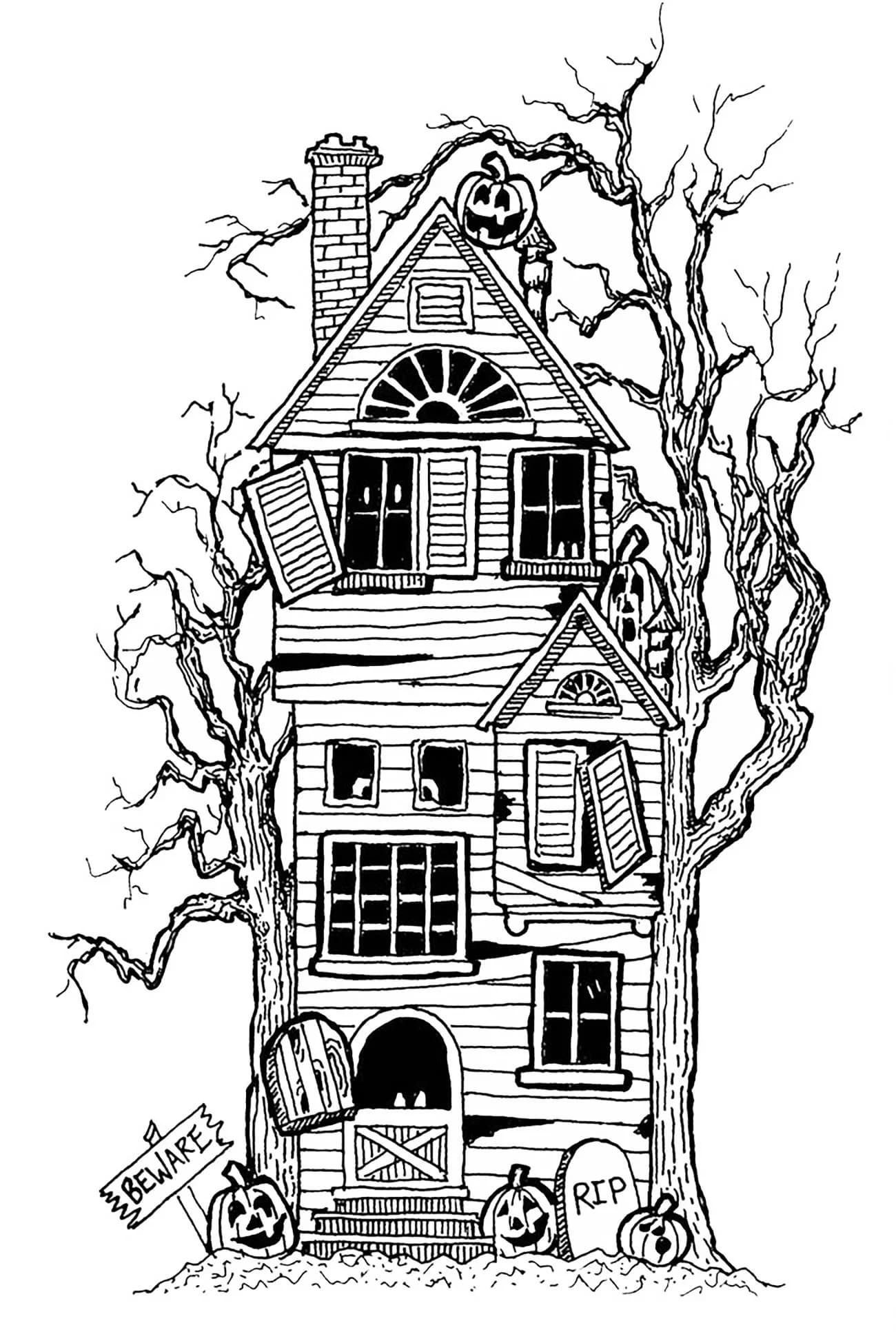 Ausmalbilder Haus mit den Geistern. Halloween Malvorlagen
